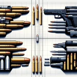 imagem que capture a essência de um confronto entre os calibres 9mm e .40 S&W, ilustrando as diferenças e características de cada um. Imagine (1)